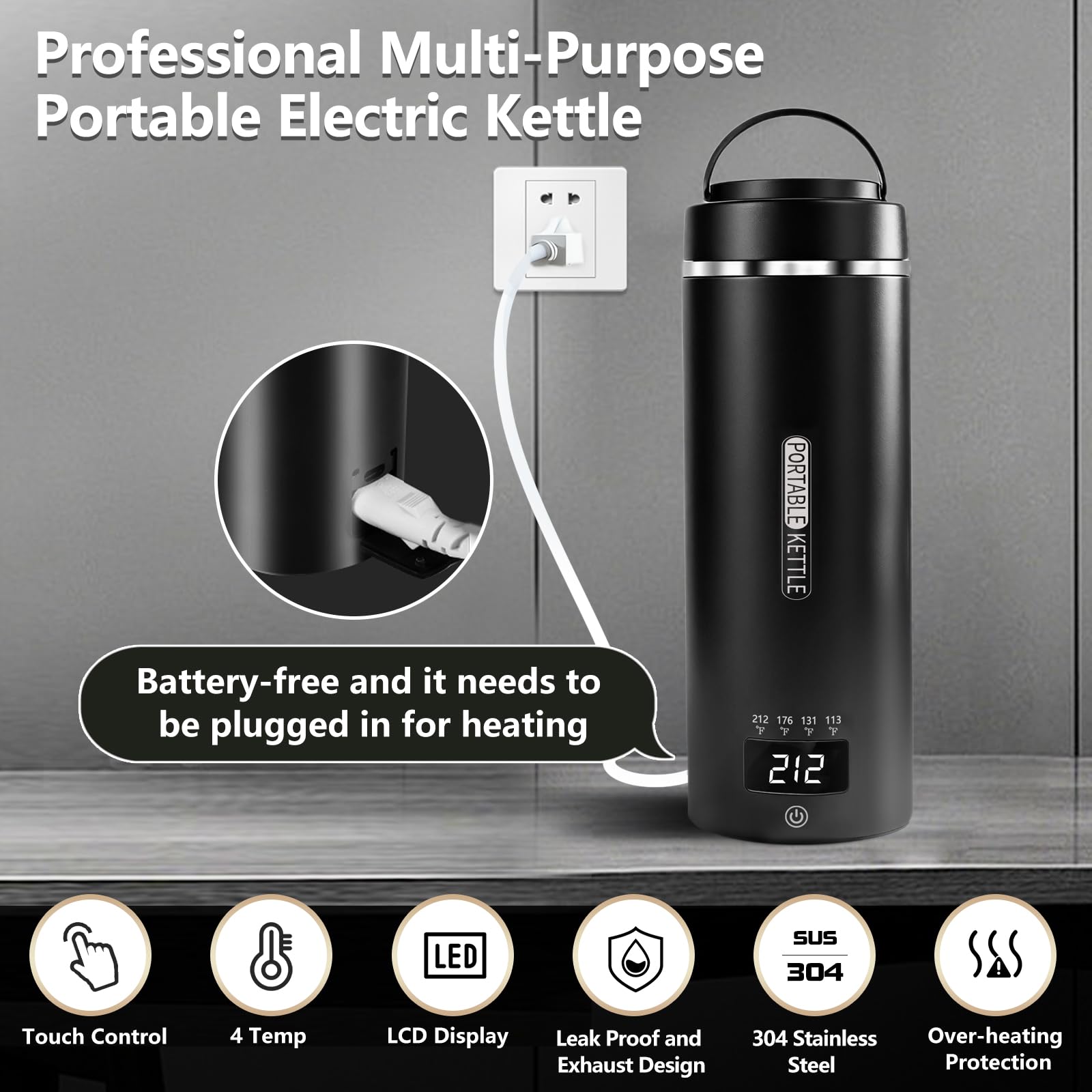 Travel Kettle, Portable Electric Kettle for 4 Temperature Controls, Black