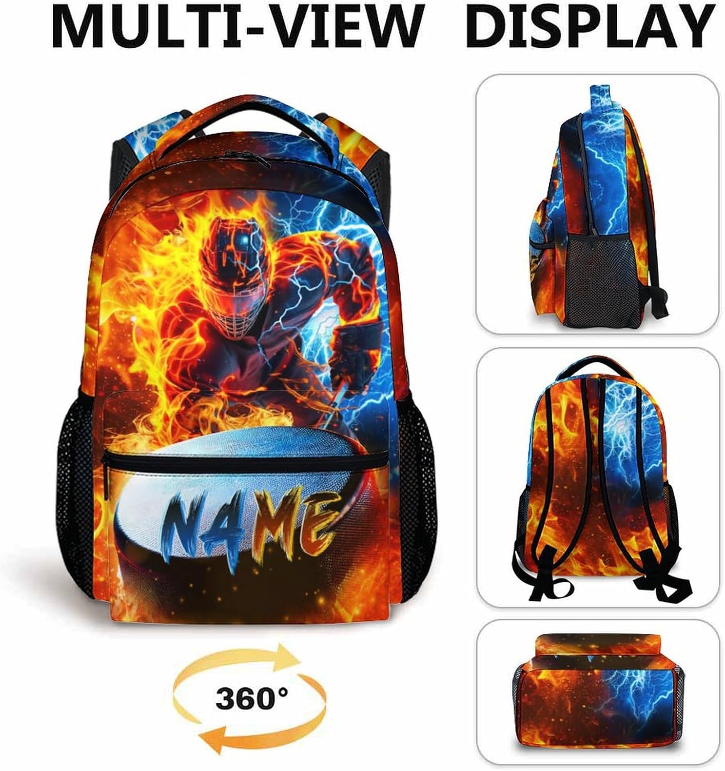 Boys Backpack for School - Ice Hockey Backpacks with Custom Name for Kids Teens Elementary Middle Primary High Senior - 17 Inch Lightweight Large Capacity Sport Themed Bookbag Gift