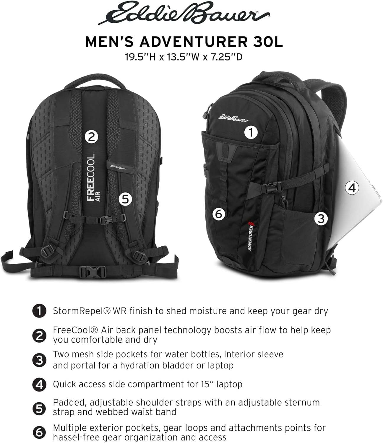 Eddie Bauer Adventurer Backpack with Organization Compartments and Hydration/Laptop Compatible Sleeve, Adventurer - Black, 30L