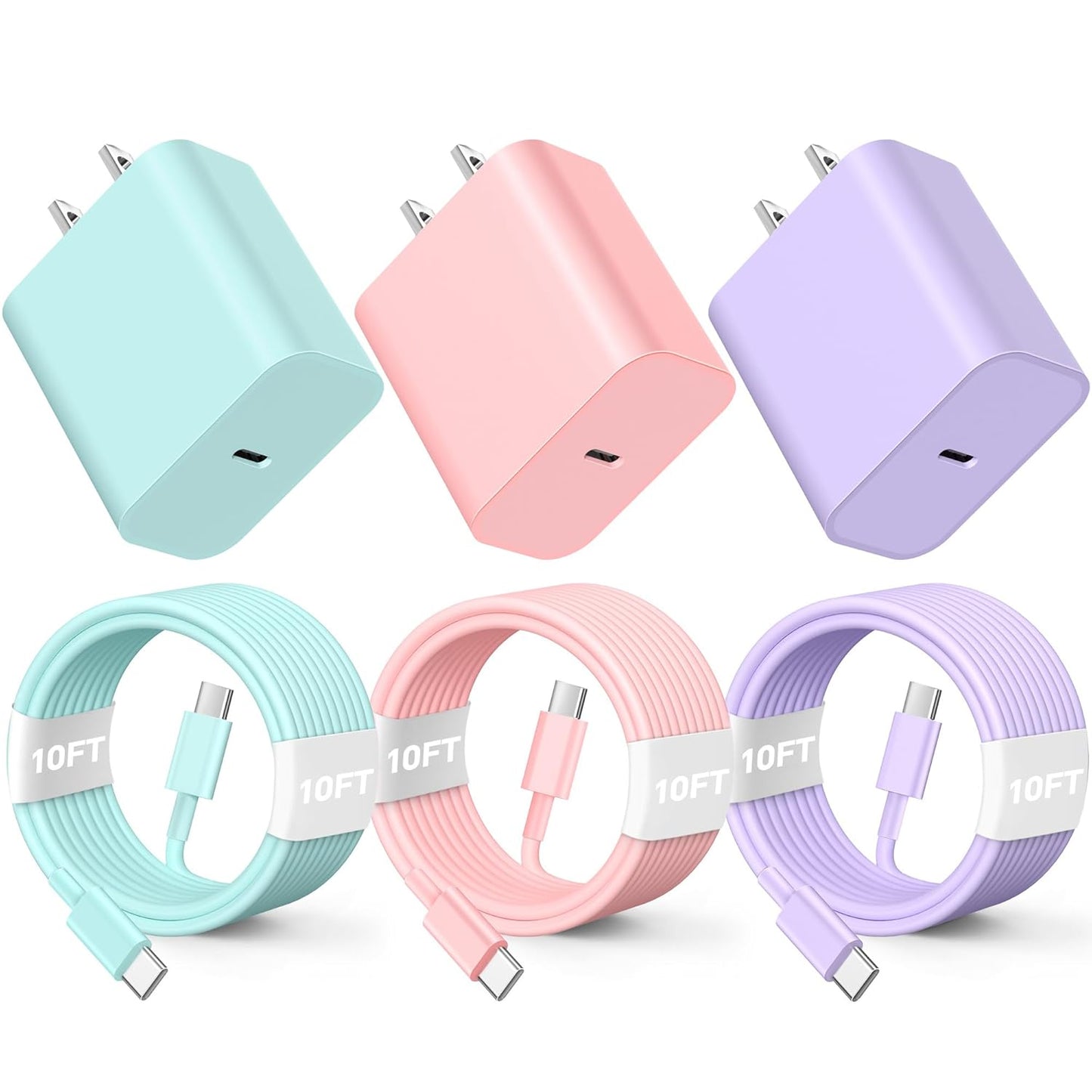 Compatible with iPhone17 16 15 Charger Fast Charging, 3 Pack 20W USB C Colorful Charger Block with 10 FT USB-C to C Cable Compatible with iPhone 17 16 15 Pro/Plus/Pro Max,Pad Pro 12.9/11 inch