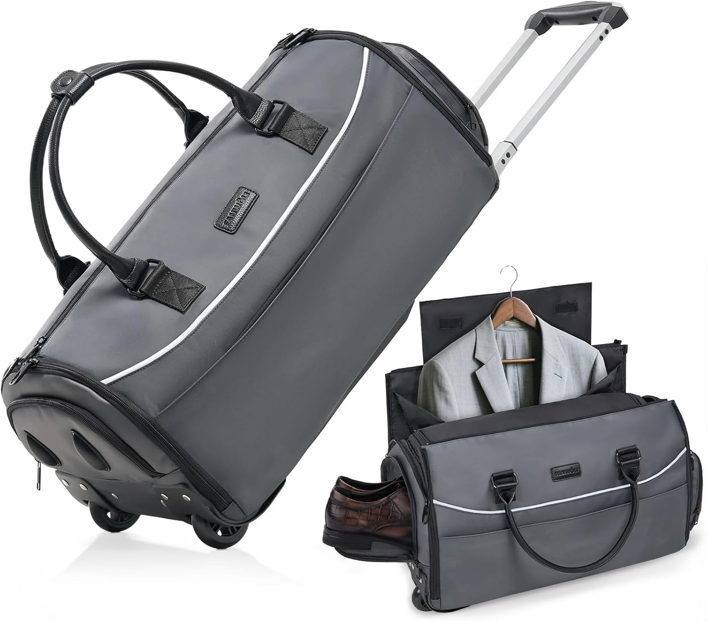 Fanwoli 3-in-1 Rolling Garment Bag for Travel, Wheeled Carry-On Luggage with Shoe Storage & Detachable Organizer, Convertible Duffel Bag for Men Women Business Trips Weekender, Wrinkle-Free (Grey)