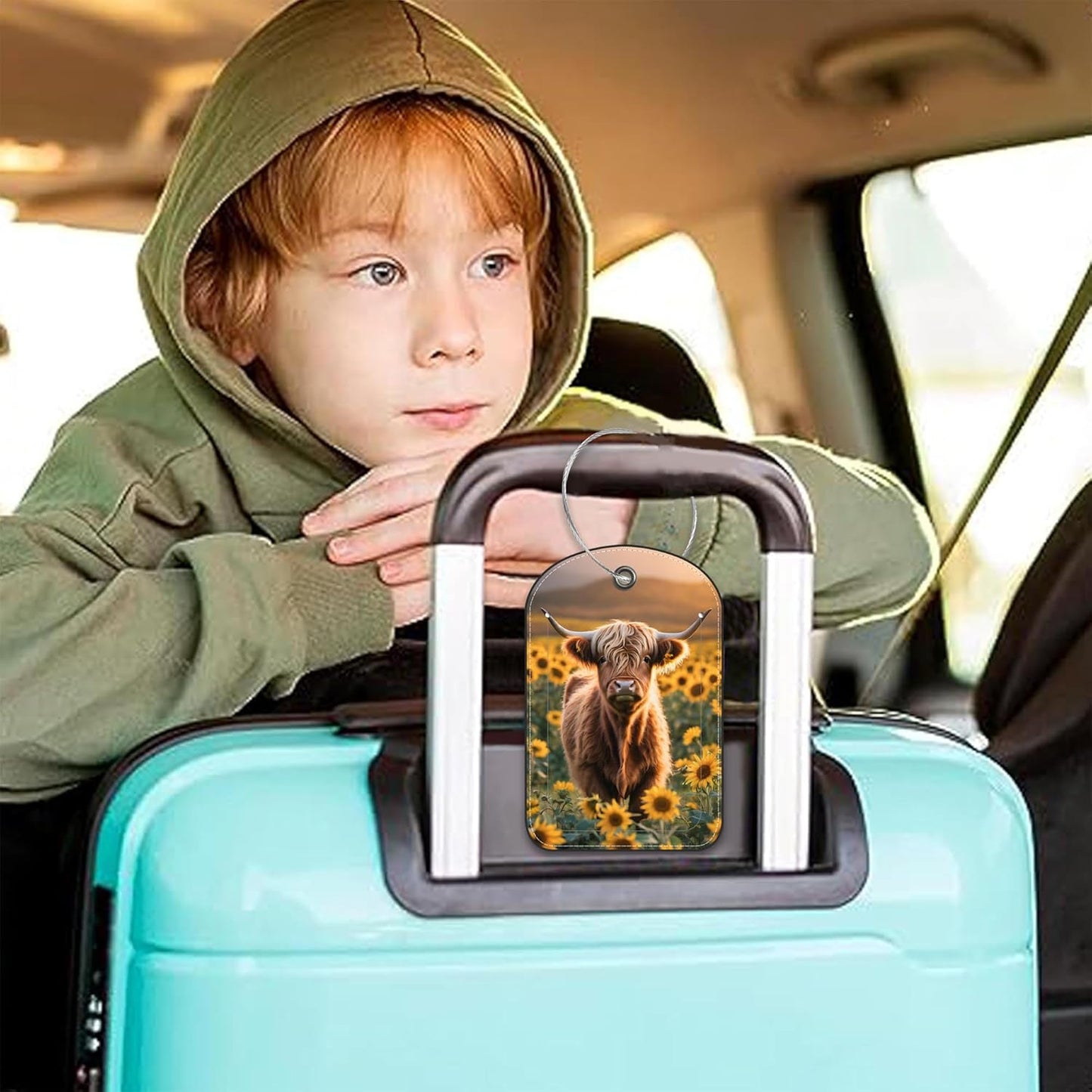 2 PCS Leather Luggage Tags for Suitcase Highland Cow in Field of Sunflower Travel Luggage Tag with Privacy Flap Name ID Label and Metal Loop for Travel Bag Suitcase