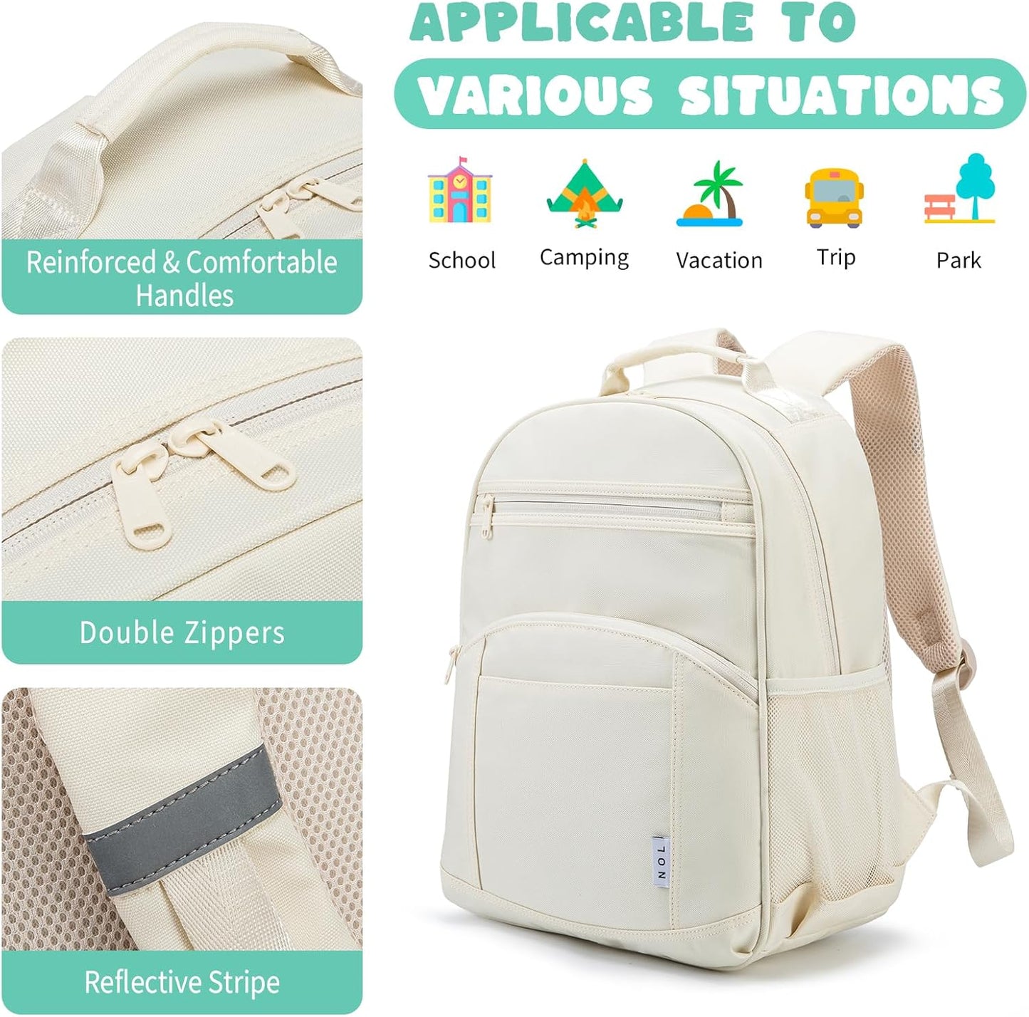 NOL Natural Organic Lifestyle Kids Backpack, School Backpacks for Teens Girls Boys, School Bookbag with Pencil Bag & Reflective Stripe for Elementary School - Cream