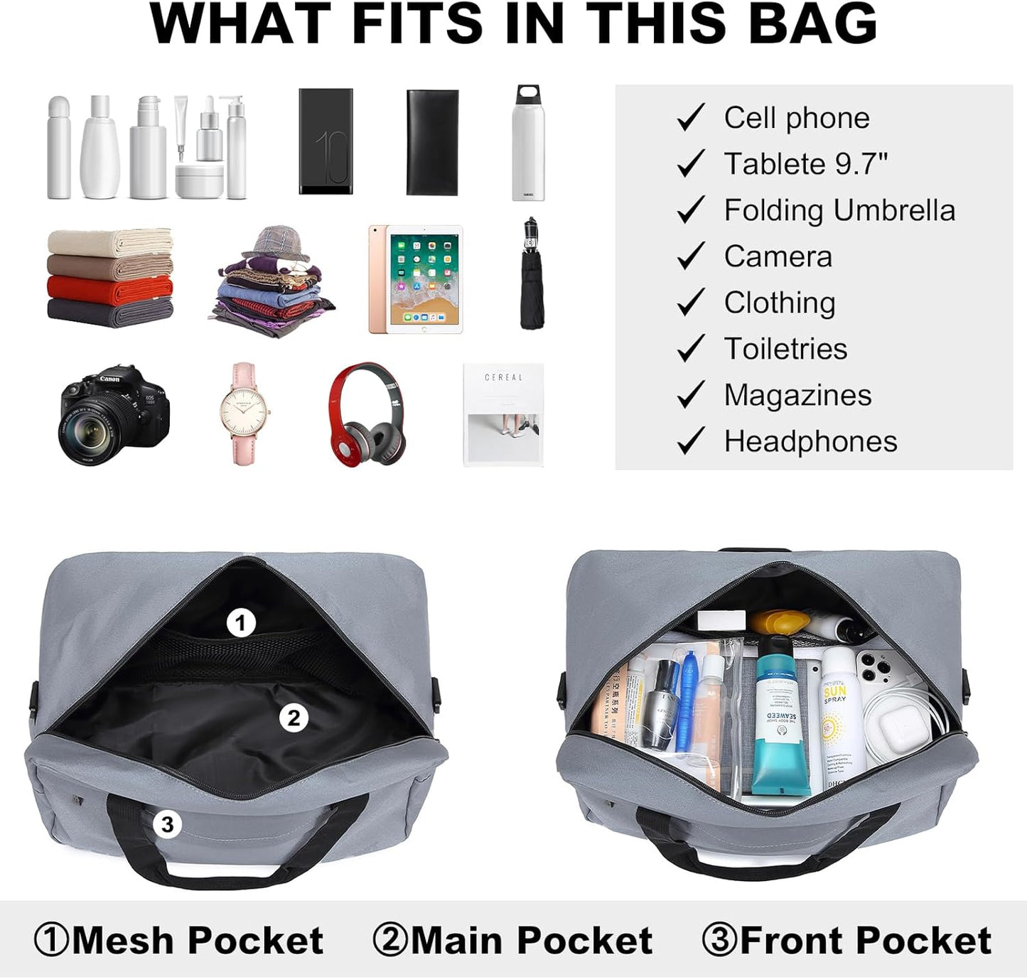 Kono Travel Duffel - 20L Under Seat Carry-On Sports Tote Gym Weekender Overnight Bag - 15.75"x9.84"x7.87" Light Gray