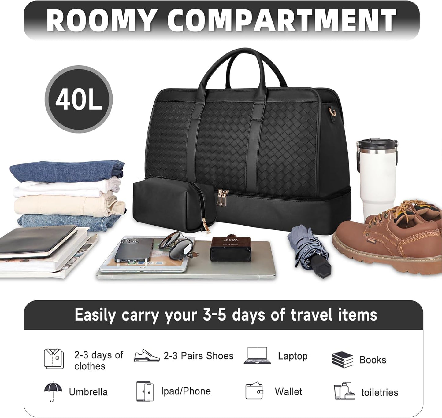 Bolosta Travel Duffle Bag for Men Women, PU Leather Duffel Bag for Traveling, Large Carry on Weekender Overnight Bag with Shoe Compartment, Perfect for Travel/Daily Use