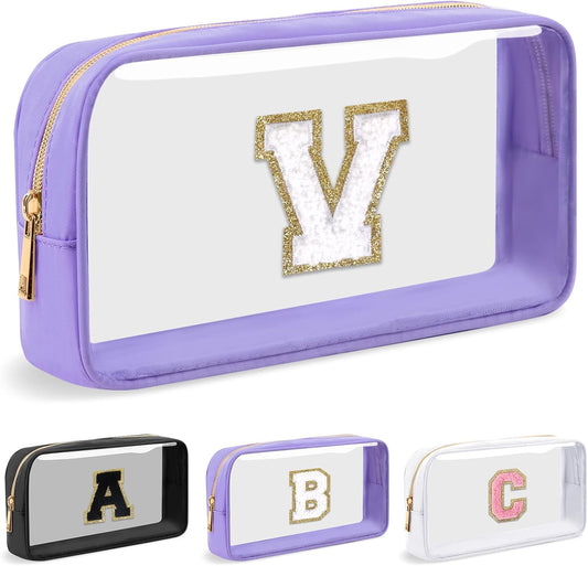 Personalized Initial Letter Clear Makeup Bag,Preppy Small Nylon&PVC Cosmetic Zipper Bag with Chenille Letter,Travel Skincare Toiletry Bag,Monogram Christmas Gift for Teen Girls Women,V