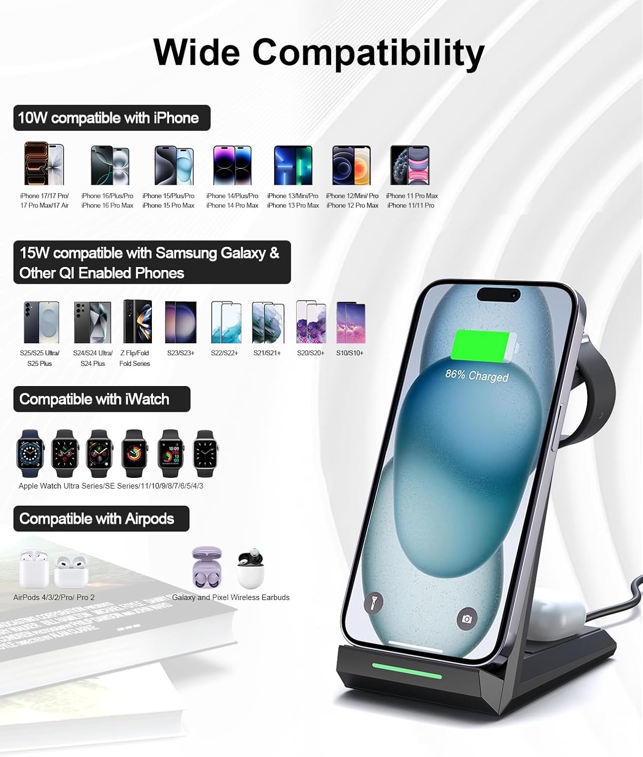 Wireless Charging Station for iPhone - ADADPU 3 in 1 Charger Stand for iPhone 17 16 15 14 13 12 11 Pro Max XR 8 Plus, for Apple Watch 8/7/SE/6/5/4/3/2, AirPods Pro/3/2(with 5ft Cable and 20W Adapter)