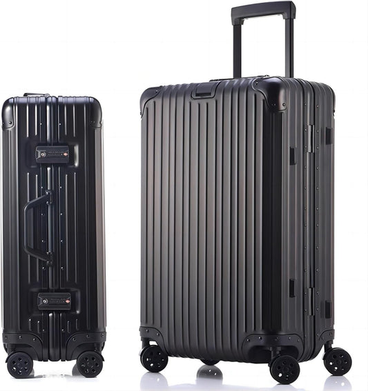HotWay 24 Inch All Aluminum Checked In Luggage with Wheels, Hard Shell Zipperless Suitcase with TSA Locks, Silver Travel Luggage (22x14x9 Airline Approved), Black