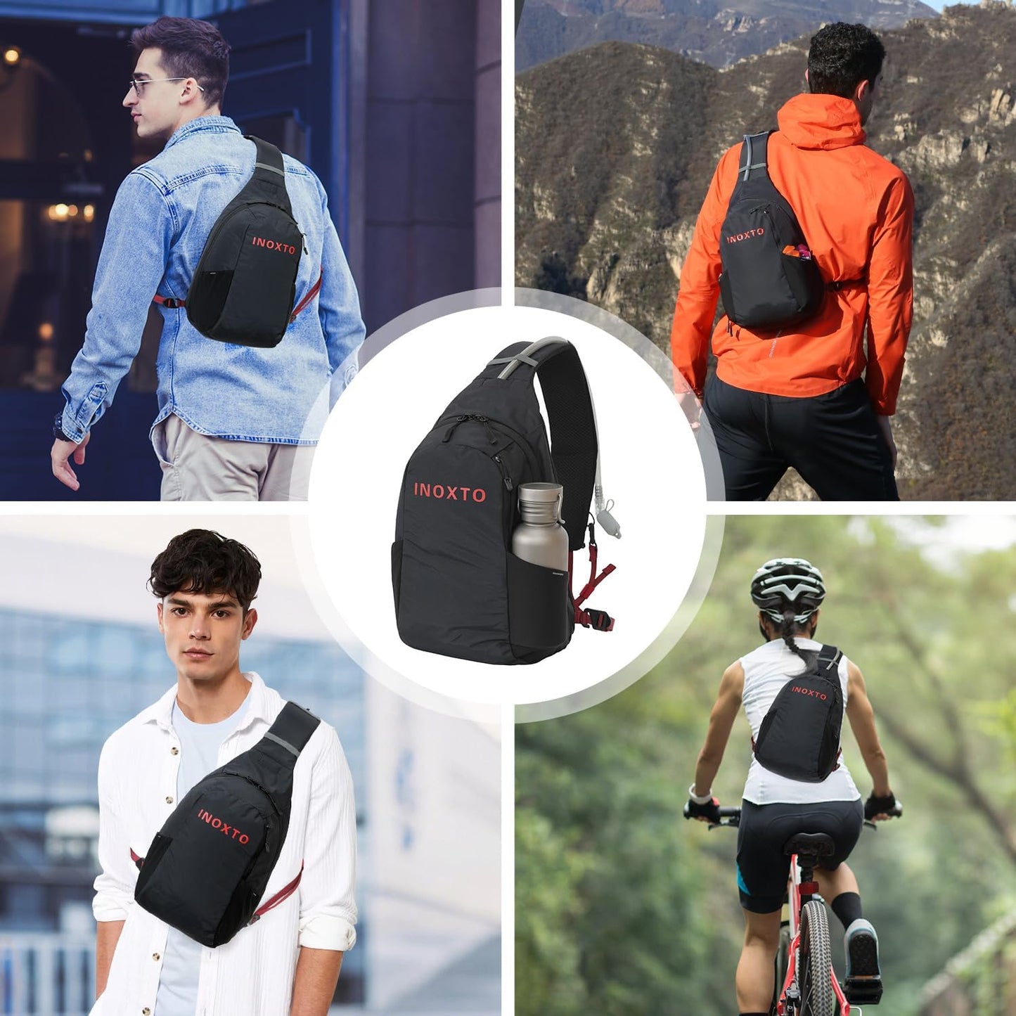 Crossbody Sling Bag for Men Women,Sling Backpack Shoulder Chest Bag Daypack with 500ML Soft Flask for Hiking Travel (Black With 500ML)