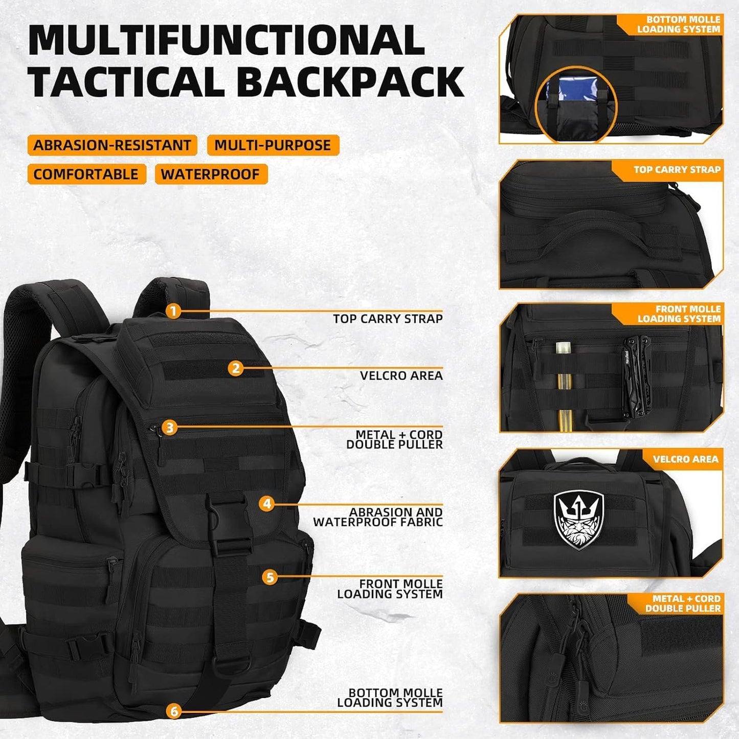 50L Military Tactical Backpack 3 Day Assault Pack Molle Daypack Hiking Backpack for Men and Women (Black)