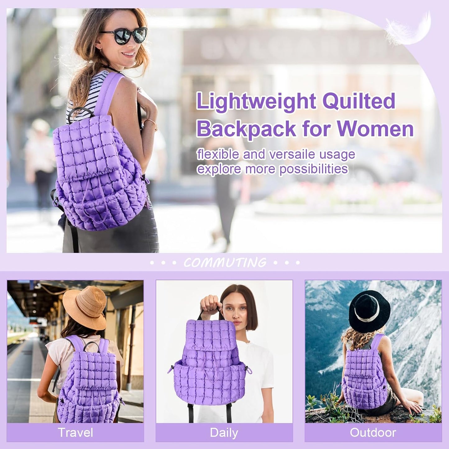 XSUIOY Quilted Backpack Purse for Women Small Lightweight Puffer Puffy College Laptop Backpack Nylon Casual Bookbag Daypack Top Flap Drawstring Padding Hiker Travel Gym Backpack(Purple)