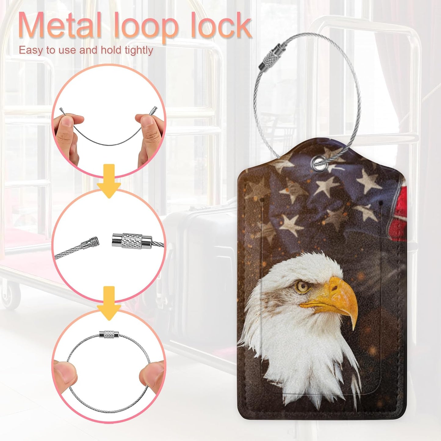 2 Pack Luggage Tag for Suitcase,American Flag with Eagle Leather Suitcase Tags Identifiers with Privacy Name Address Labels & Durable Steel Loop for Women/Men Travel