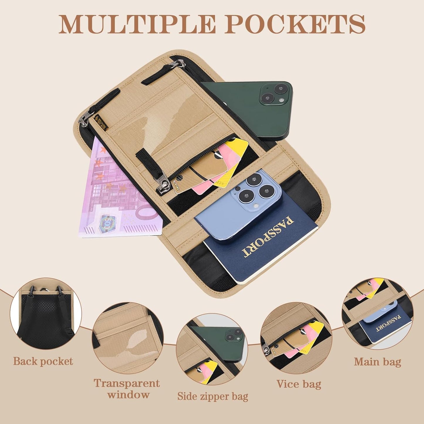 Passport Holder for Travel, Neck Pouch Travel Wallet With RFID Blocking, Waterproof Lightweight
