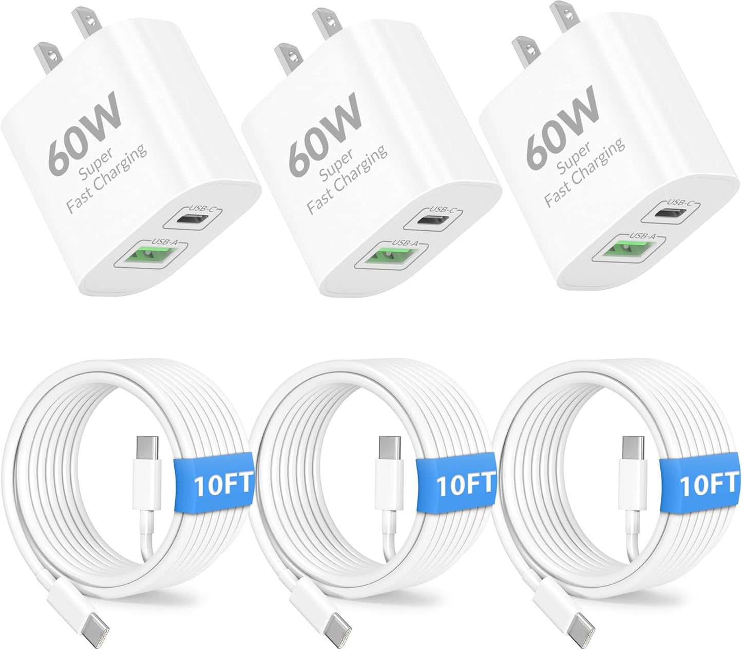 iPhone 17 16 15 Pro Max Charger Fast Charging, 3 Pack 60W Dual Port USB C Wall Charger Block with 10FT Long Type C Charging Cable Cord for iPhone 17/17 Pro Max/Air/16/15/Plus/Pro Max, iPad, AirPods