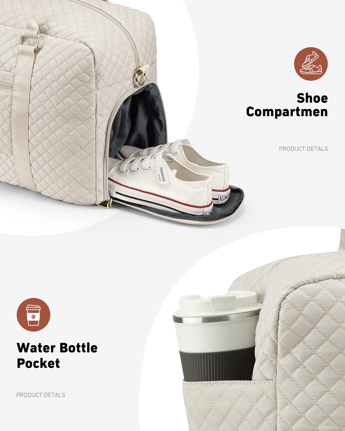 Travel Duffle Bag, Weekender Bags for Women with Shoe Compartment, Carry on Overnight Bag with Toiletry Bag & Wet Pocket, Hospital Bags for Labor and Delivery (Beige)