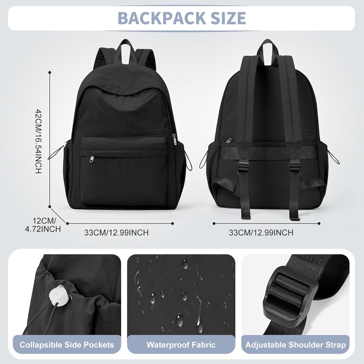 Simple Black School Backpack For Women Men Aesthetic Medium Backpack Lightweight Casual Daypack