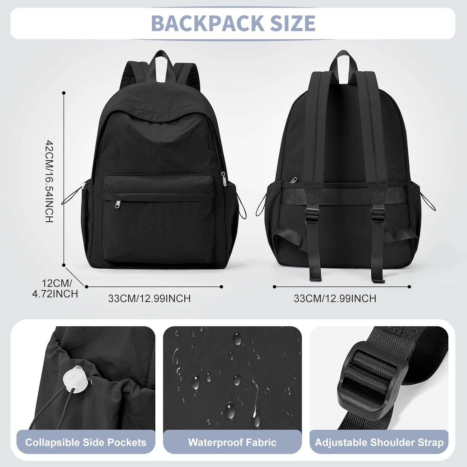Simple Black School Backpack For Women Men Aesthetic Medium Backpack Lightweight Casual Daypack
