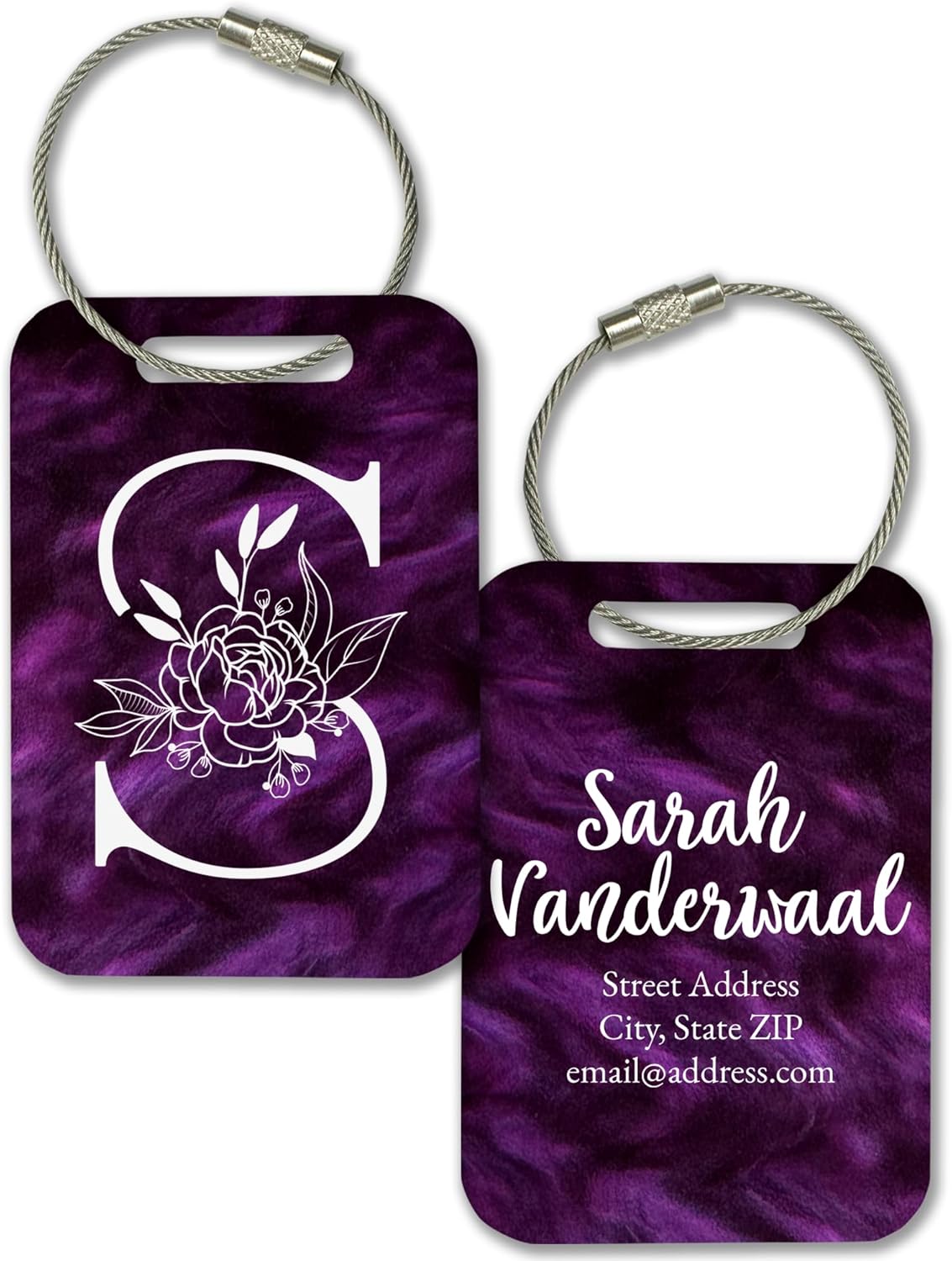 Personalized Monogram Name Tag for Luggage (3 or 6 Count Pack) | Custom Tag for Suitcase | Acrylic Name Tag for Travel | Choose Your Font & Color | Backpack ID Label (Monogram, Purple Haze)