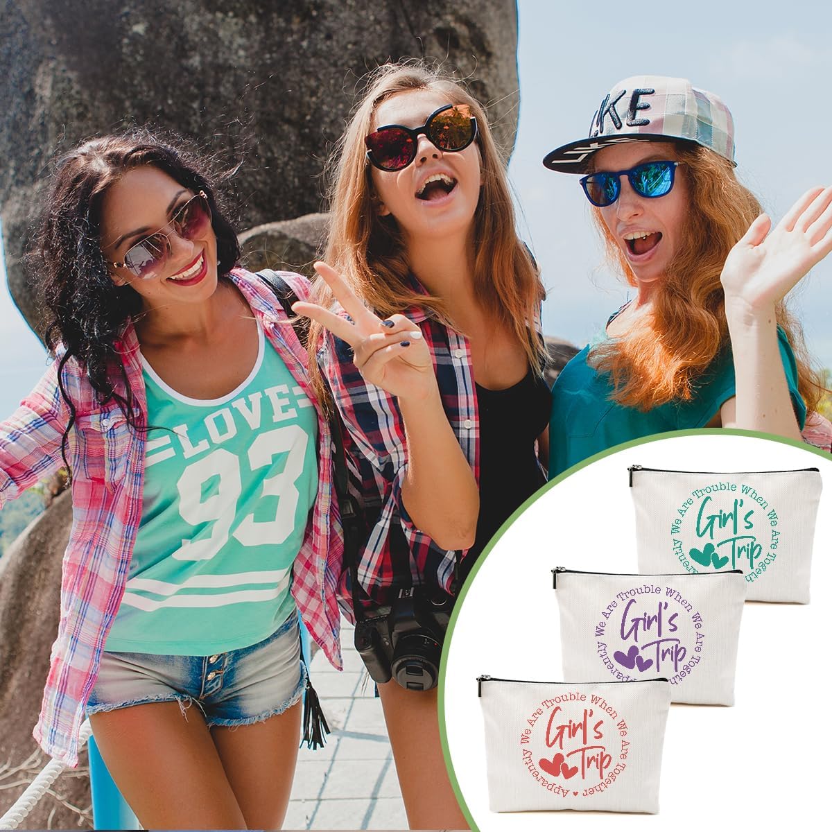 3Pcs Girls Trip Gifts Favors, Bestie Gifts Funny Makeup Bag, 2025 Girls Weekend Gifts Travel Gifts Cosmetic Bag, Friendship Gifts for Women Friend Weekend Bag, Graduation Wedding Gifts Toiletry Bag