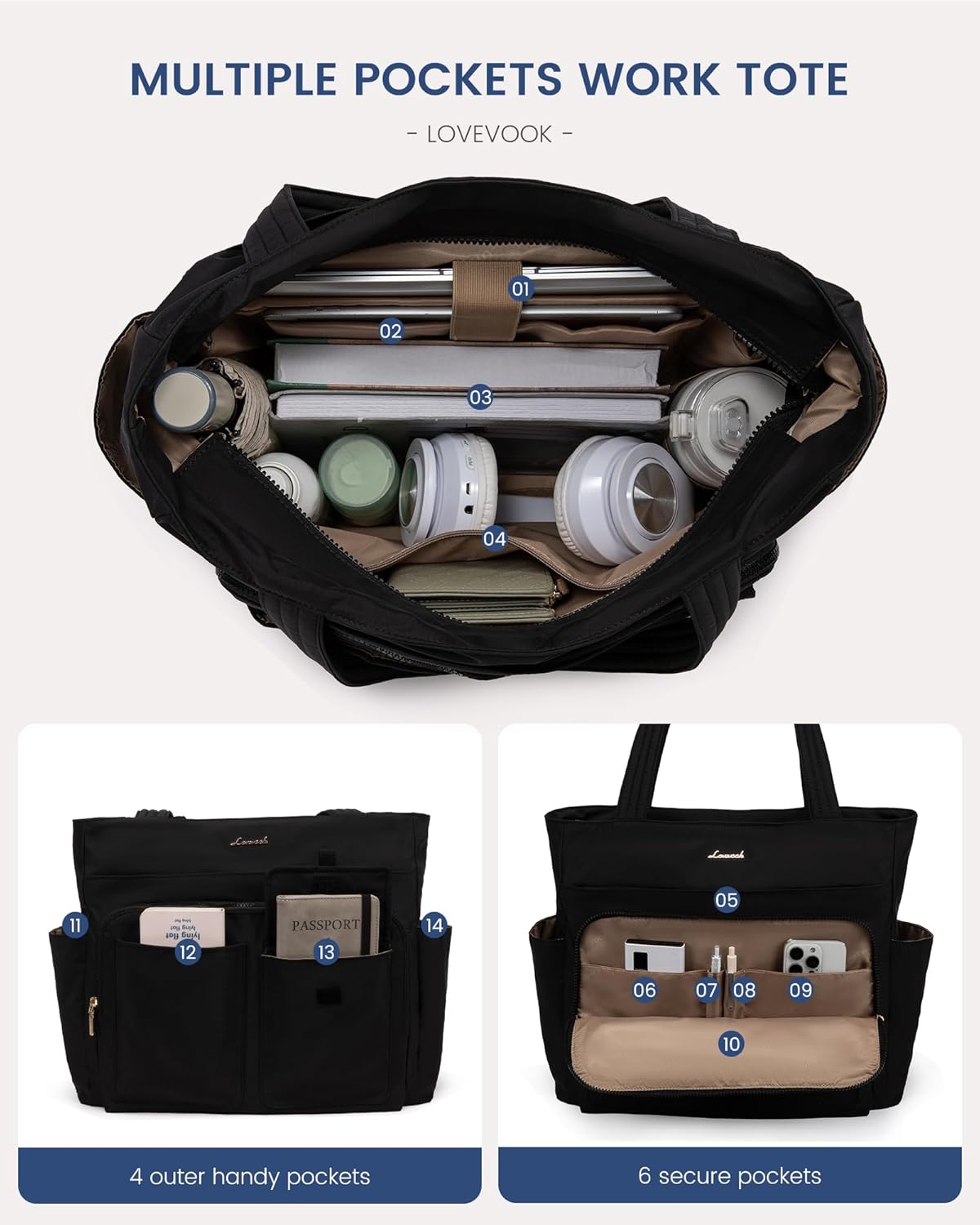 LOVEVOOK Tote Bag for Women,Light Puffer Tote Bag with Multi-pockets,Stylish Carry on Laptop Bags for Daily,Travel,Work,Gym