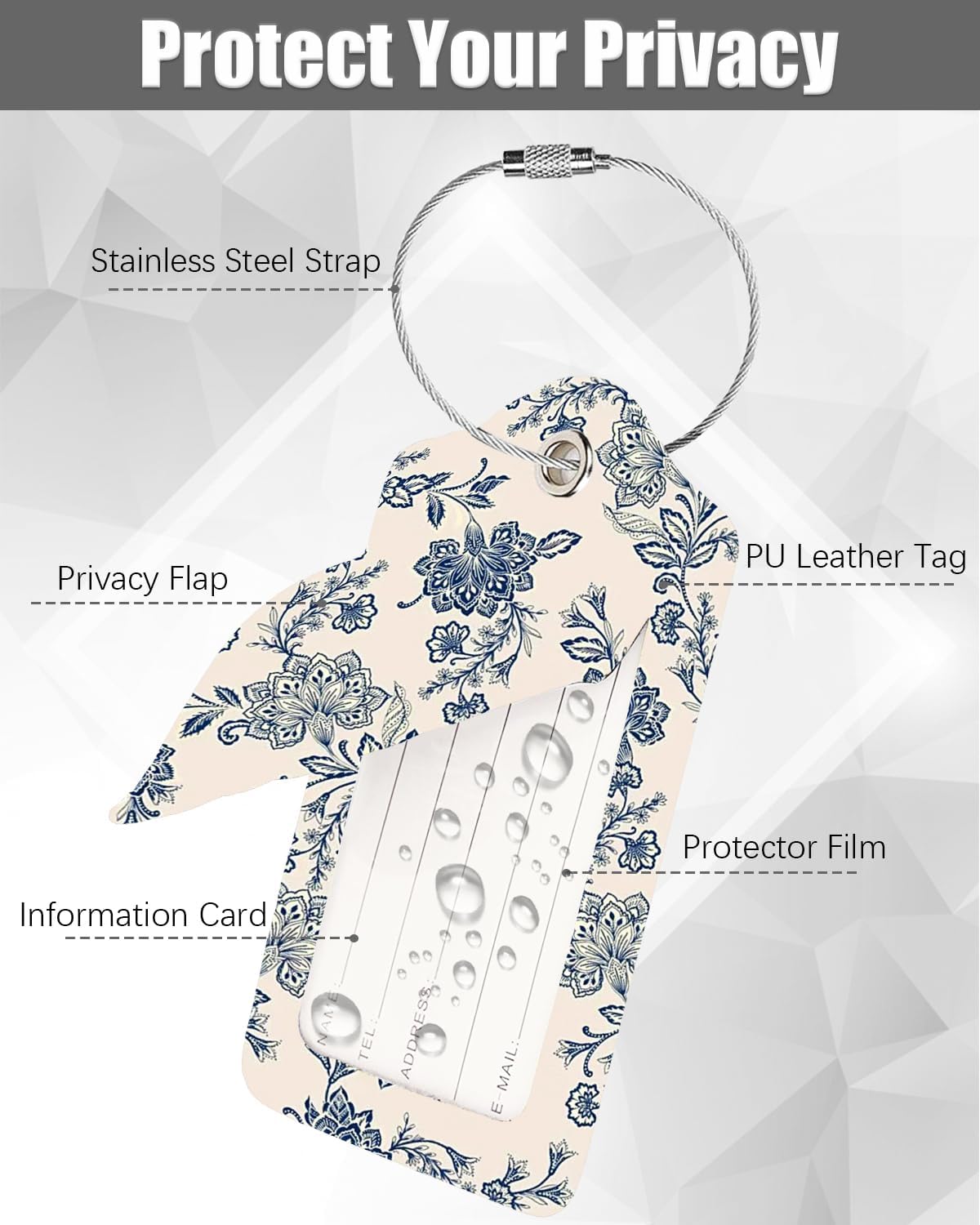 2 Pack Luggage Tags for Suitcase, Retro Vintage Flower 2 Pcs Leather Suitcase Tags Cruise Ship with Privacy Cover and Double Metal Loop for Women Men Girls Boys Travel Baggage Bag Backpack Tags