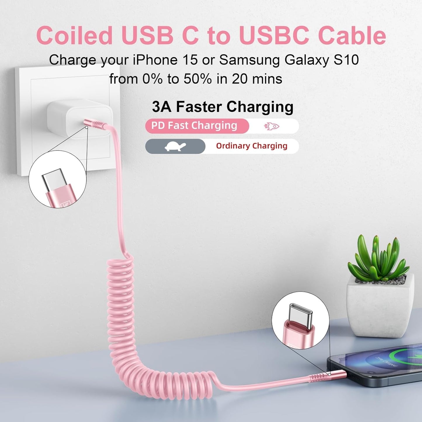 USB C to USB C Cable [3FT+6FT], 2Pack Coiled USBC Cable for Car USB Type C Fast Charging Cable, CarPlay iPhone USB-C Cable/Android Auto USB C Cord for iPhone 17/16/ 15/Pro Max/Samsung Galaxy S23-Pink