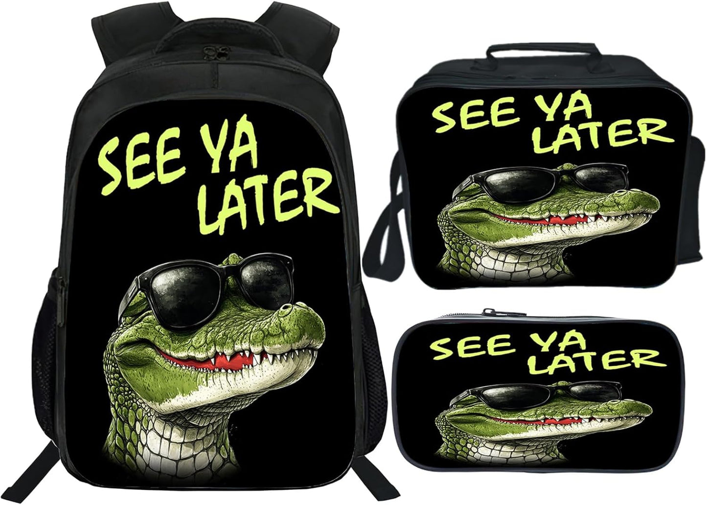 Funny Crocodile Backpack Cool School Bag 3PCS Backpack 16 Inch with Lunch Bag Set Lightweight for Teen Boys Girls Kids Elementary Middle School