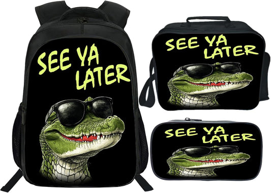 Funny Crocodile Backpack Cool School Bag 3PCS Backpack 16 Inch with Lunch Bag Set Lightweight for Teen Boys Girls Kids Elementary Middle School