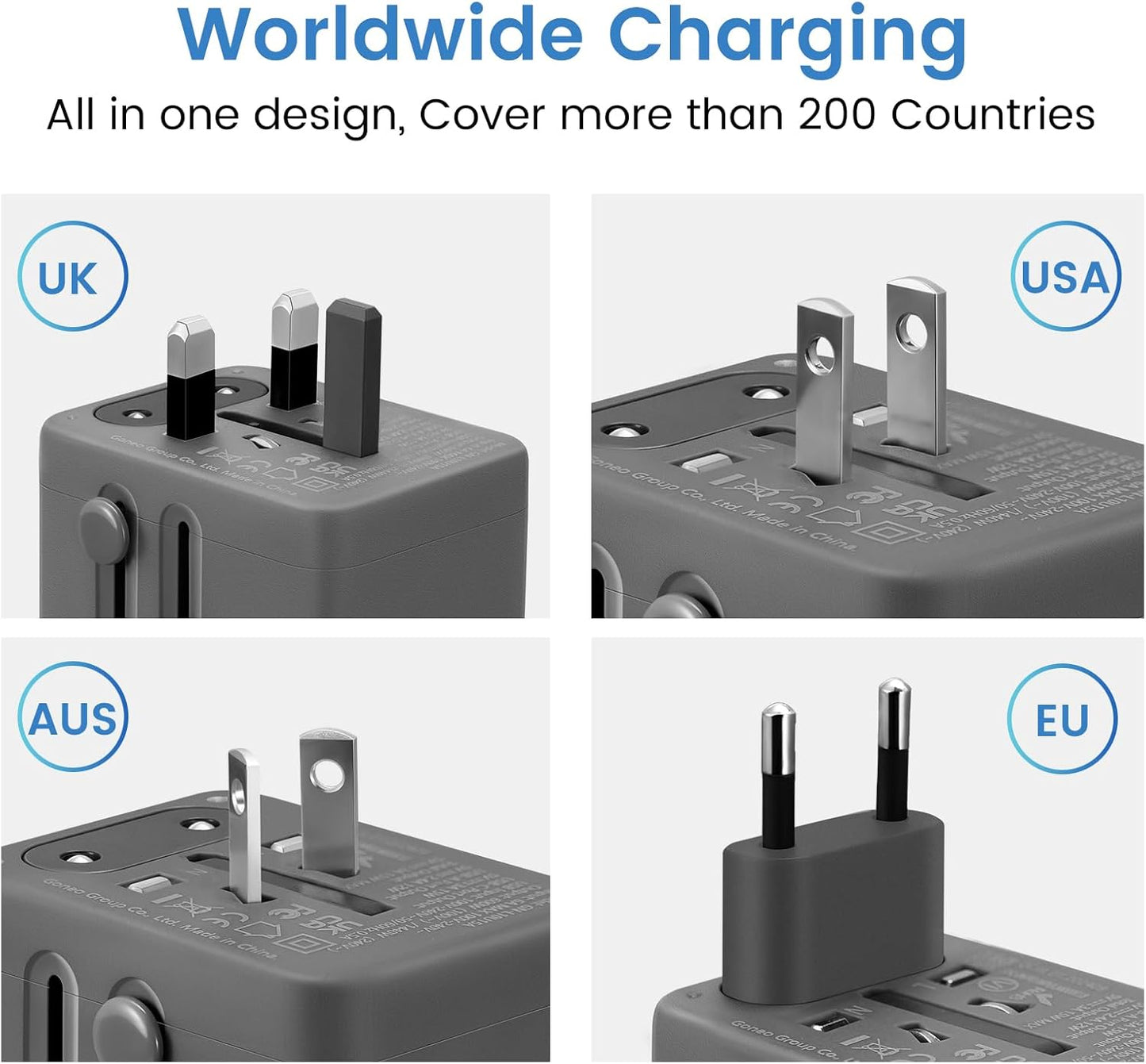 Universal Travel Adapter, European Travel Plug Adapter (6A 20W), International Power Adapter with USB C USB A Type A and AC Outlet for US EU UK Australia Japan Thailand (Type C/G/A/I)