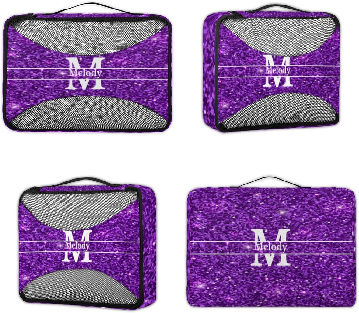 Custom Name 4 Pcs set travel luggage organizer Mesh Travel Essentials for Suitcases, Purple Sequins with Initial Letter