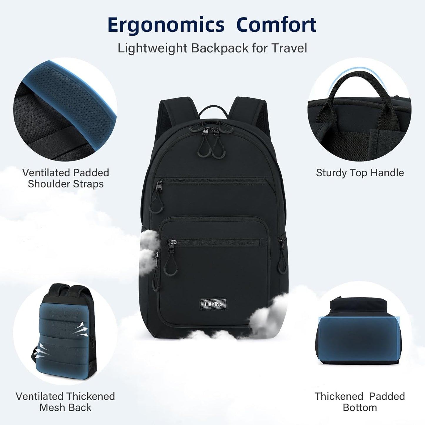 Carry On Travel Backpack For Women, 18 Inch Water Resistant Large Backpack Lightweight Bookbag For Men, 8x14x18 Personal Item Bag Casual Daypack Backpacks For Work Office Commuter (Black)