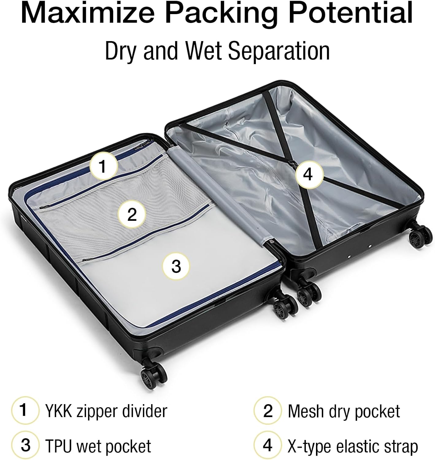 KYME Luggage Sets 3 Piece Hard Shell 22in/26in/30in Suitcases with Wheels Hardside Suitcase Set with TSA Lock Travel Rolling Luggage Set for Women Men Black