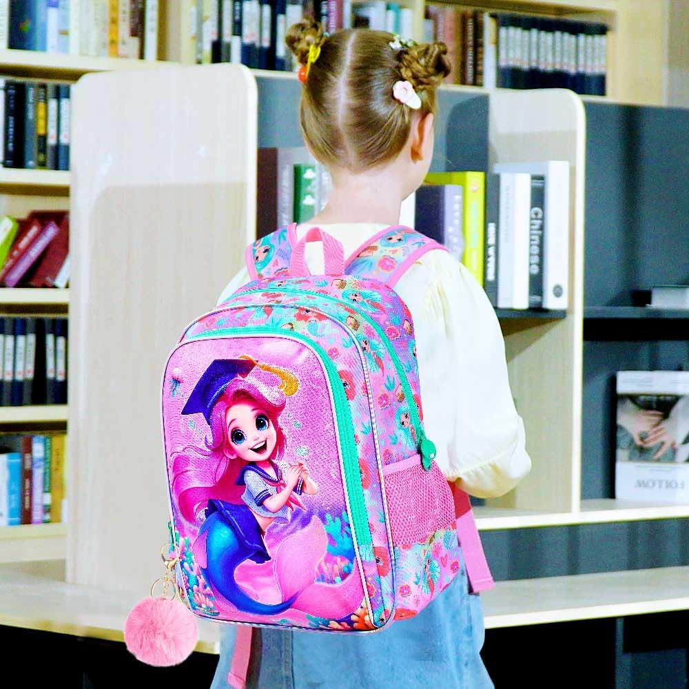 3PCS Mermaid Backpack, 16" Girls Bookbag with Lunch Box, Water Resistant Kids Elementary Prechool Toddler Shool Bag - Pink Dr. Mermaid