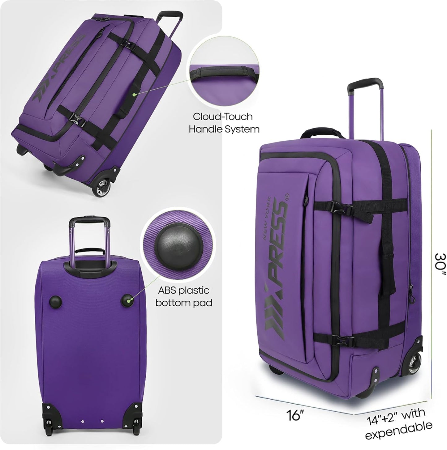 30'' Expandable Rolling Duffle Bag with Wheels,Expandable For Up to 15% More Space,Rolling Duffle Bag w/Handle,Carry on Luggage Travel Duffle Bags for Man Women#Purple