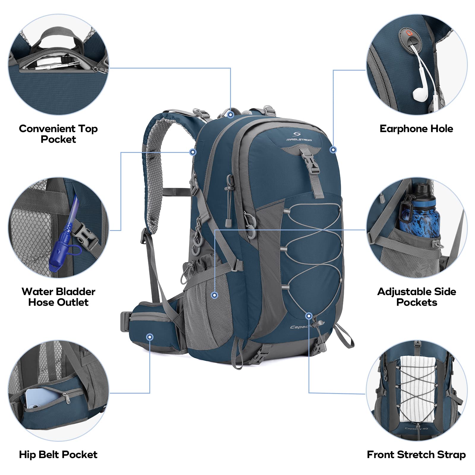 Maelstrom 40L Hiking Backpack, Lightweight Camping Daypack with Rain Cover