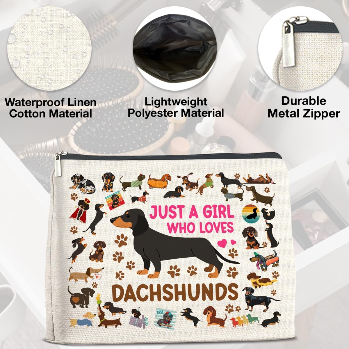 Dachshund Gifts Makeup Bag Weiner Dog Gifts for Girl Women Dog Lovers Cosmetic Bag Just a Girl Who