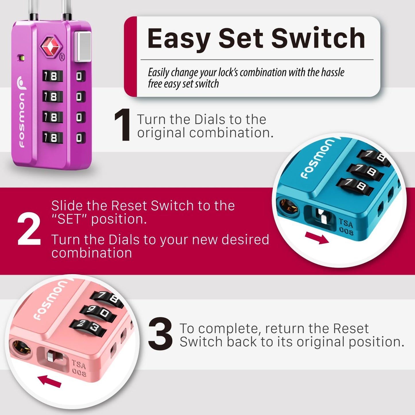 Fosmon Luggage Locks TSA Approved for Luggage & Suitcase, Mini Cable Locks Long Wire Padlock with 4 Combinations and Easy Reset Switch for Travel, Gym Locker, Gun Case, Backpack Zipper - 4 Pack