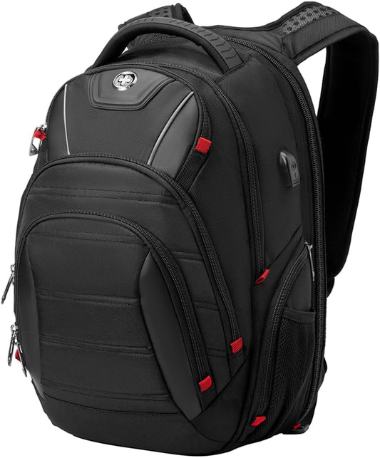 Swissdigital Design Men's Laptop Backpack for College and Business Travel with Integrated USB Charging Port and RFID Protection Fits Laptops up to 15.6 in, Black | J14-BR