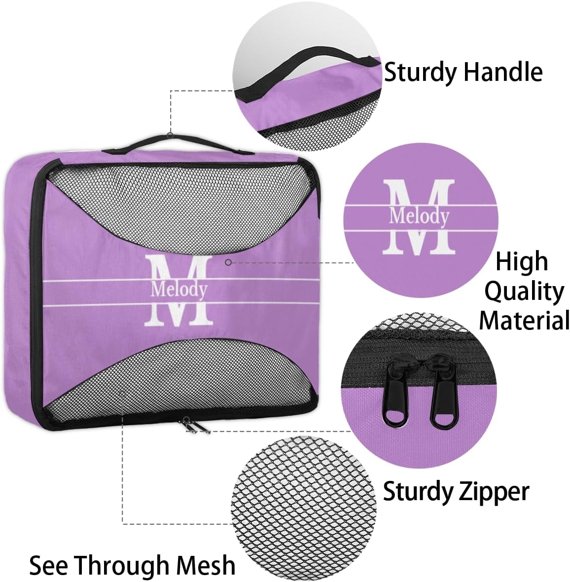 Custom Packing Cubes with Name - 4 Piece Packing Cubes Compression Luggage Suitcase Organizer Set, Lavender Purple with Initial Letter