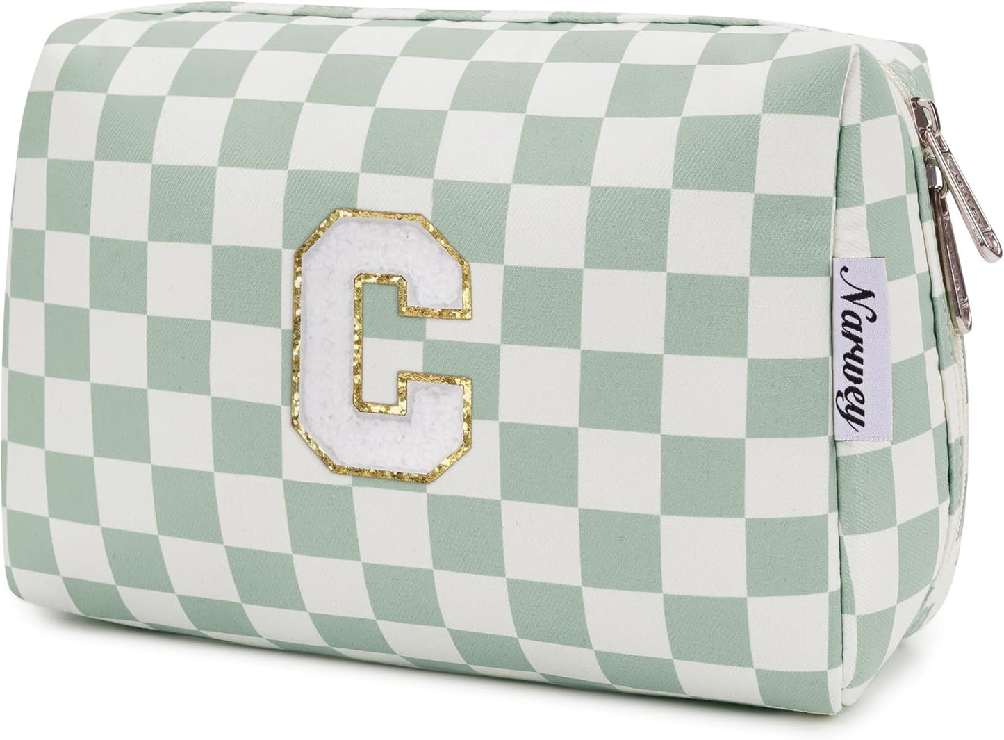 Narwey Birthday Gifts for Teen Girls Women Personalized Initial Checkered Makeup Bag Preppy Cosmetic Bag Trendy Stuff 6 8 10 11 12 13 14 16 18 Years Old Travel Toiletry Bag (Green Letter C)