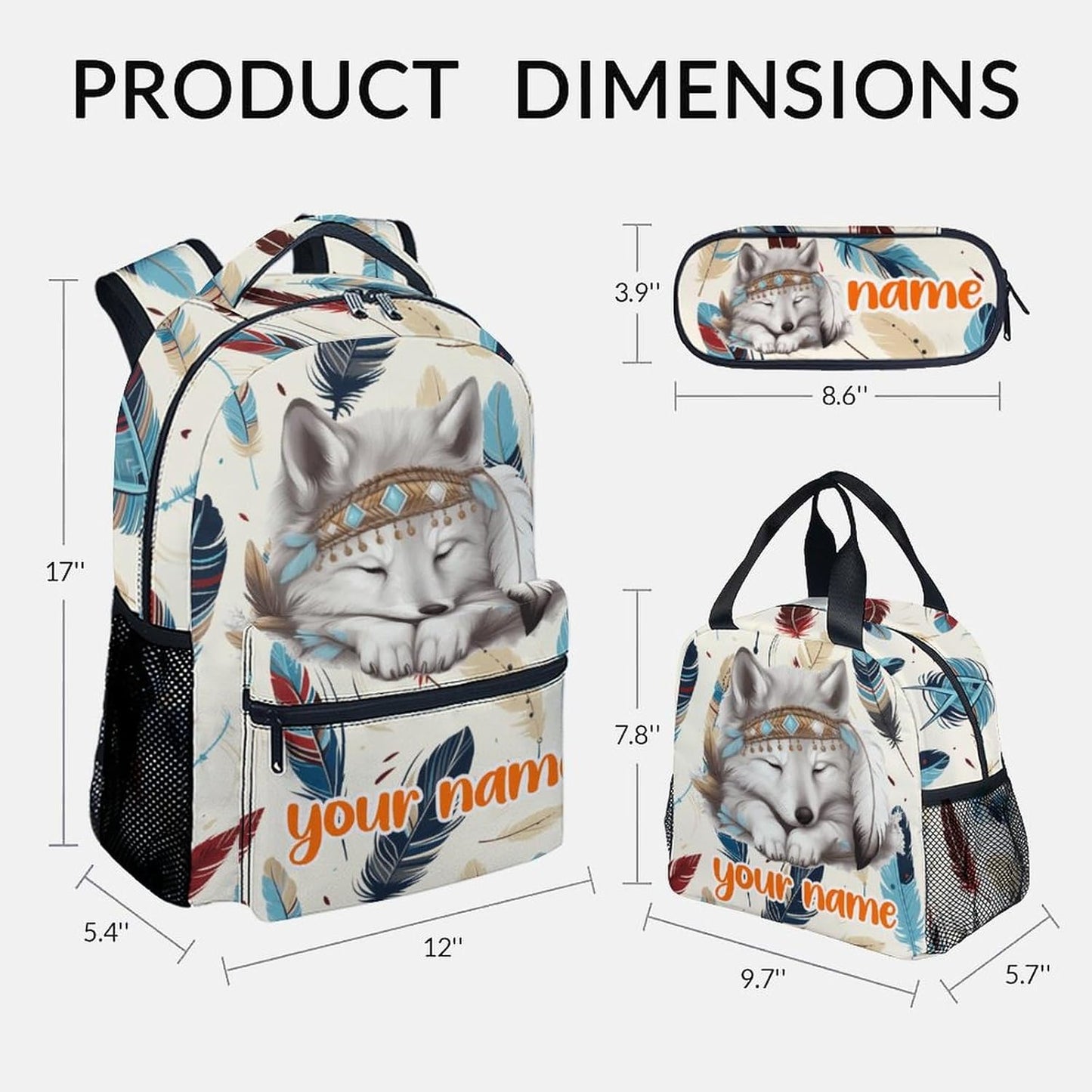 UNIKITTY Custom Kids Backpack - 3PCS School Set for Girls Boys, Cute Wolf Design With Lunch Bag