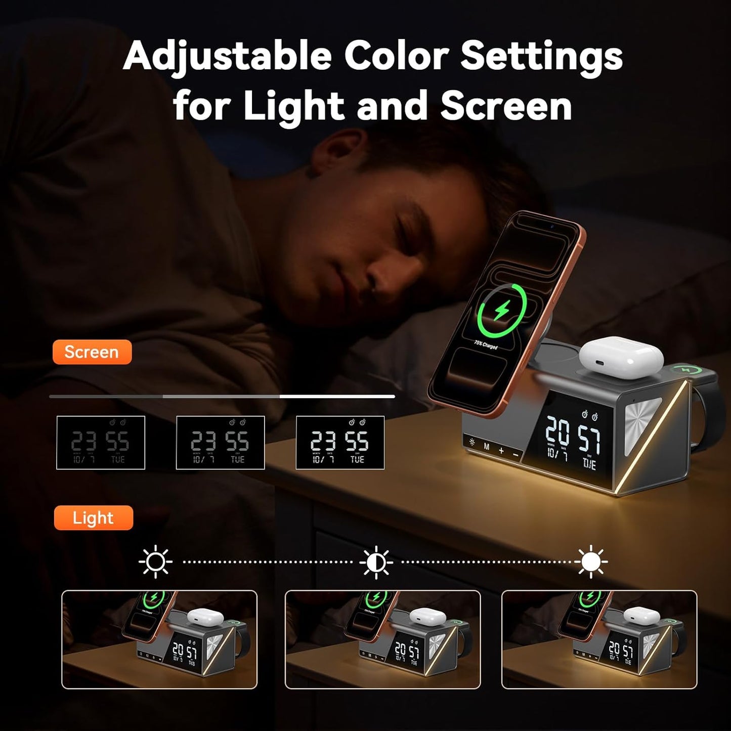 TobenONE 6-in-1 Alarm Clock Wireless Charging Station for Apple Devices, Night Light, Nightstand, MagSafe Magnetic Phone Charger, Fast Charging for iPhone 17 16 15 14 13 Pro Max, Apple Watch, AirPods