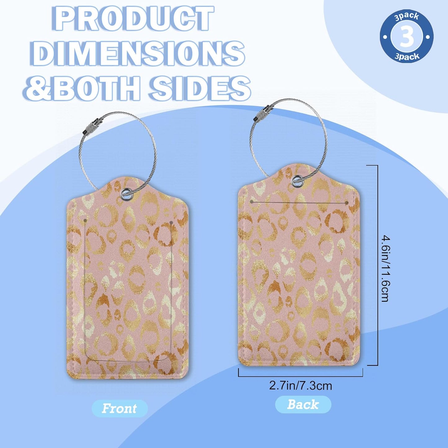 3 Pack Luggage Tags,Leather Suitcase Tags with Privacy Cover Name Address Labels& Durable Steel Loop for Men/Women Travel Bag Suitcases(Gold Leopard)