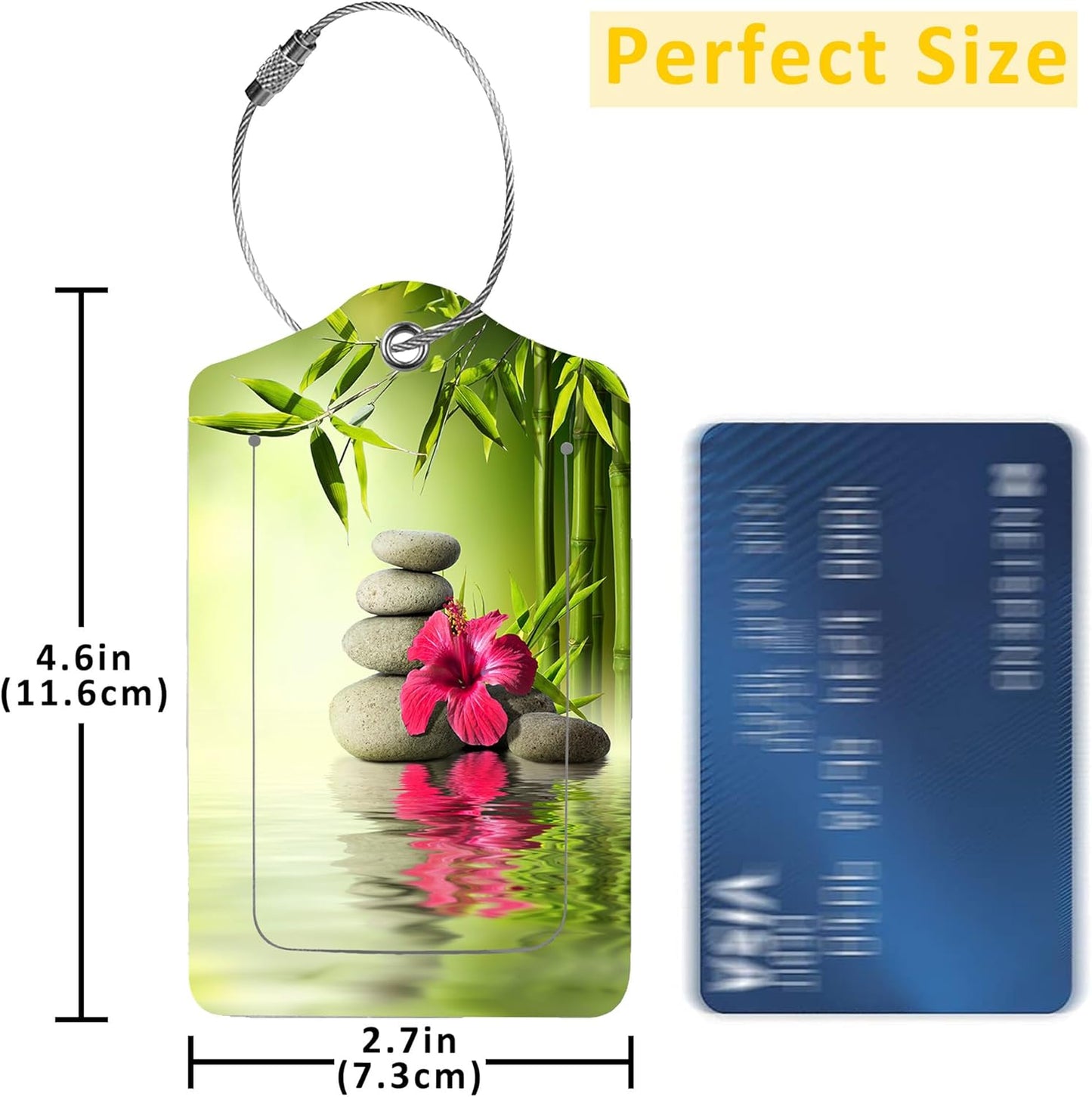 2 Pack Luggage Tags for Suitcases,Stones,Red Hibiscus and Bamboo Luggage Tag,PU Leather Id Label Luggage Tags with Stainless Steel Loop and Privacy Cover for Women Men Teens Travel