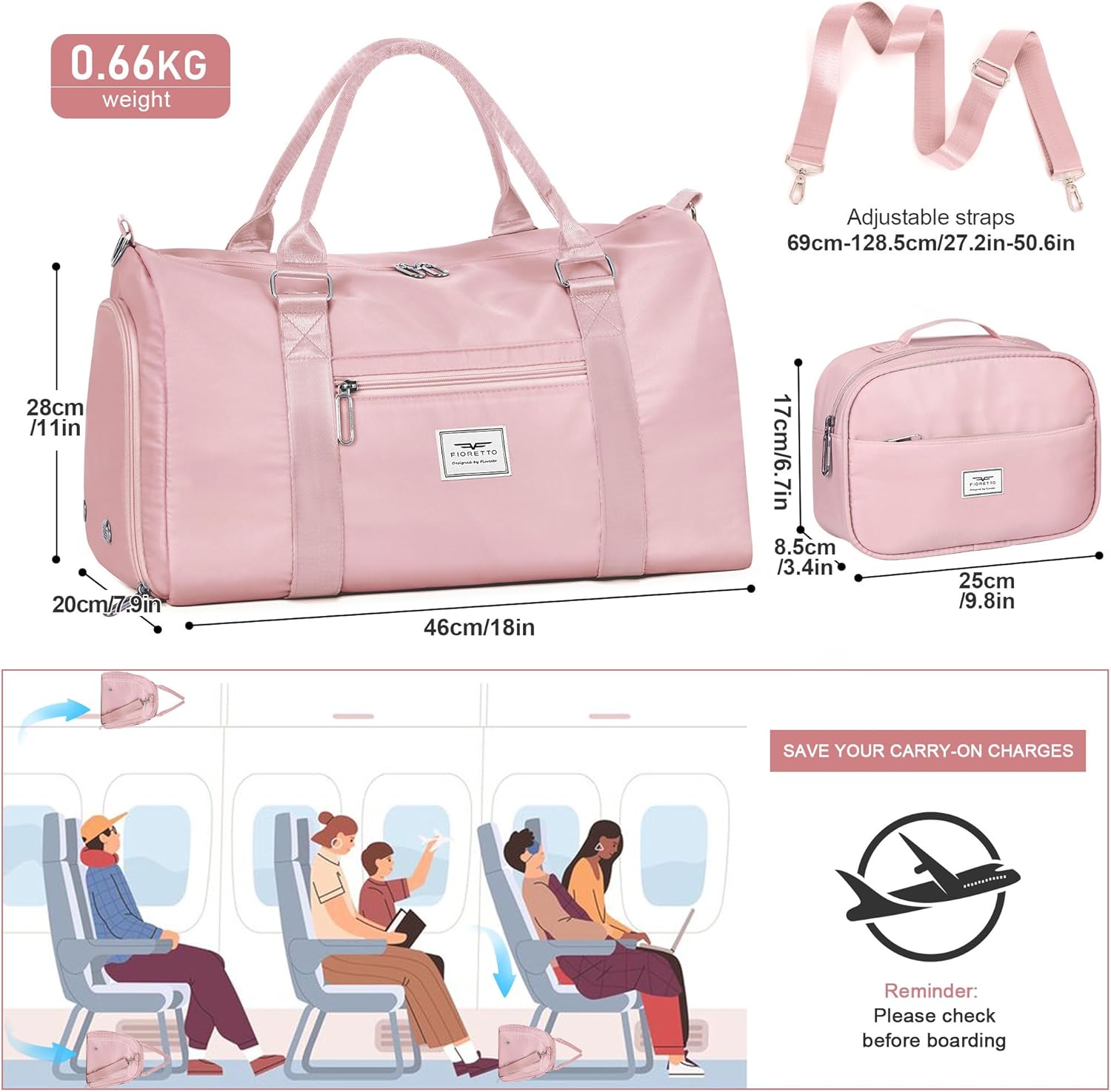 FIORETTO Womens Gym Tote Duffle Bag with Toiletry Bag, Sports Duffel Overnight Hospital Workout