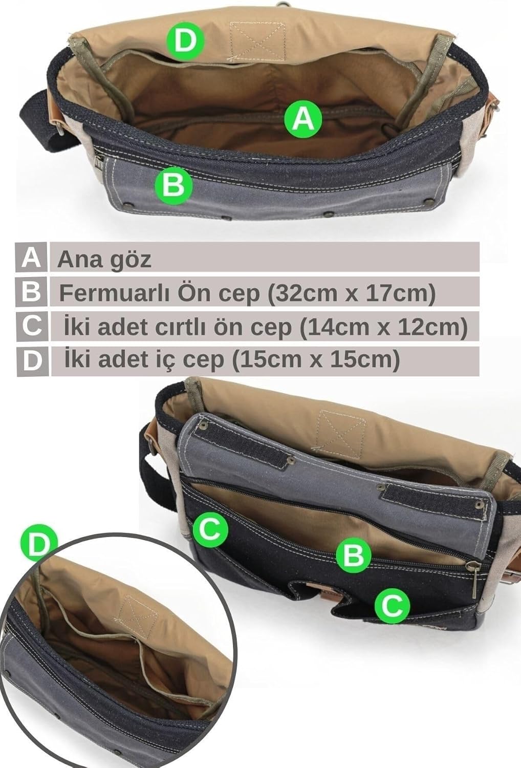 Antiochia 4046 Messenger Bag, Leather Detailed Shoulder Laptop Bag, Unisex Style for Daily, Travel