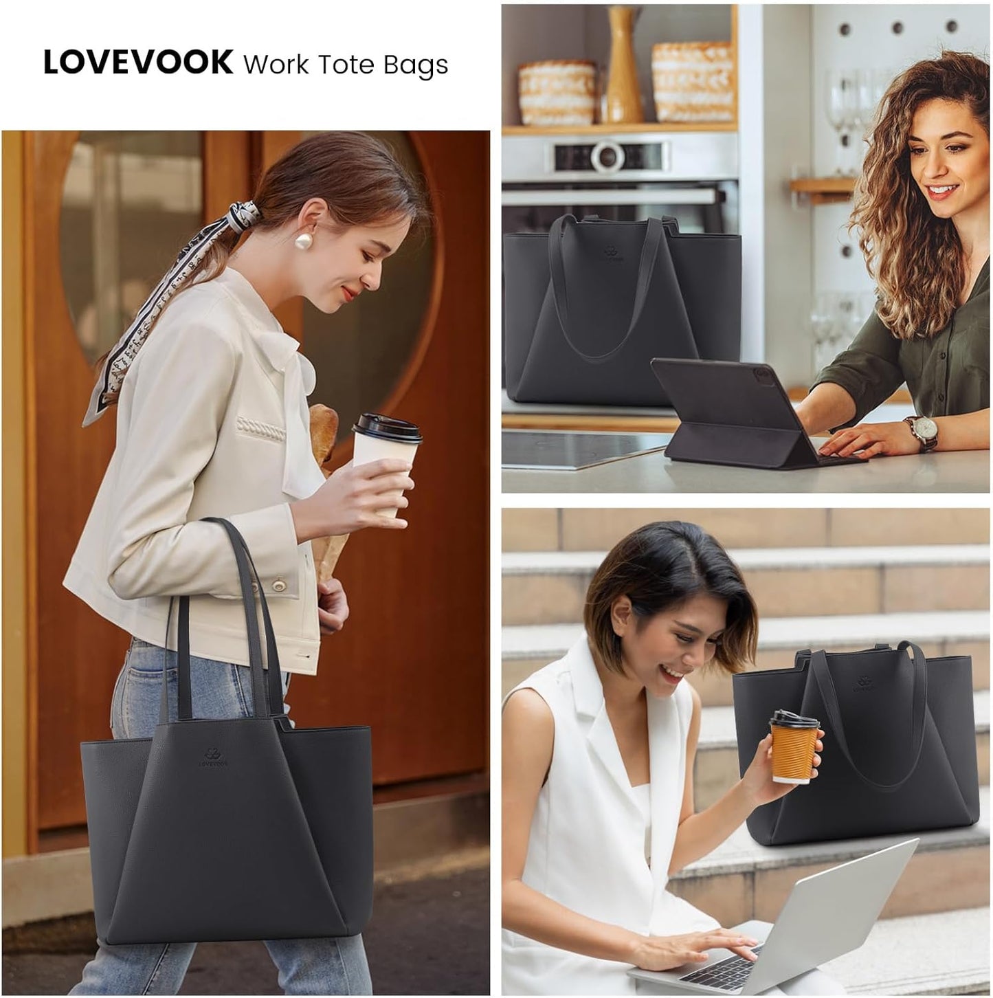 LOVEVOOK Women's Lead Gray 15.6 Inch Laptop Tote Bag, Large Capacity Work Bag with Clutch, Water Resistant PU Leather, Reinforced Bottom