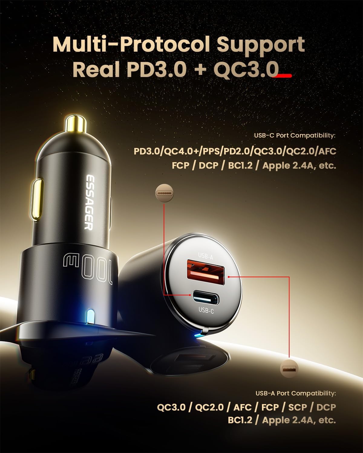 Essager 100W USB C Car Charger, 2-Port USB-C & USB-A Fast Charging Cigarette Lighter Adapter PD3.0/PPS/QC3.0 All Metal Type C Car Charger for iPhone 16/15/14/13 Pro Max, Samsung Galaxy, iPad, MacBook