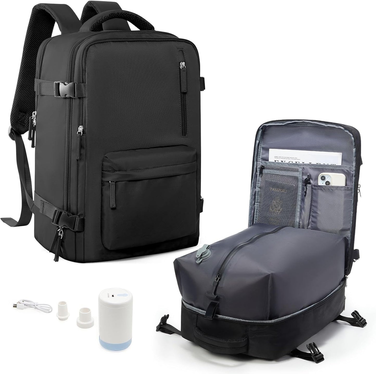 Vacuum Backpack Travel with Pump, Vacuum Seal Backpack 18x14x8 Personal Item Travel Bag Spirit Airlines Approved, Casual Daypack Mochila de Viaje Compresion al vacio, Black