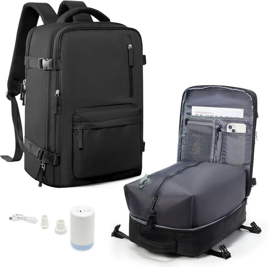 Vacuum Backpack Travel with Pump, Vacuum Seal Backpack 18x14x8 Personal Item Travel Bag Spirit Airlines Approved, Casual Daypack Mochila de Viaje Compresion al vacio, Black